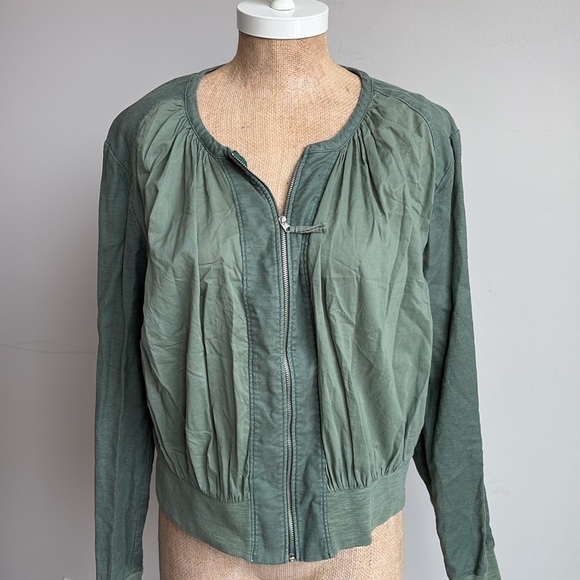 Anthropologie Hei Hei Hilltop Ruched Olive Green Linen Blend Zip Bomber Jacket L - Picture 7 of 12